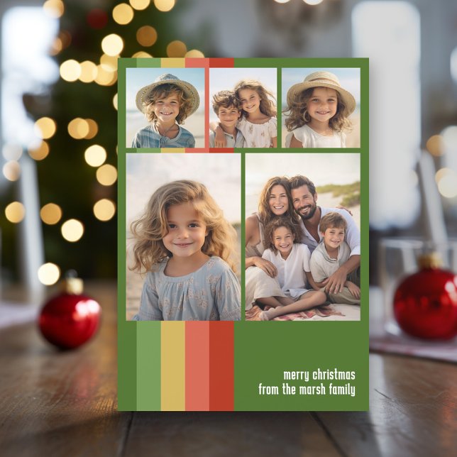 Warm Boho Stripes - 5 Photo Collage Holiday Card (Modern Christmas Photo Greeting Card)