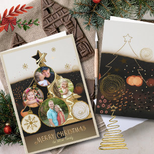 Warm Bokeh Black & Gold 4-Photo Christmas Tree Holiday Card