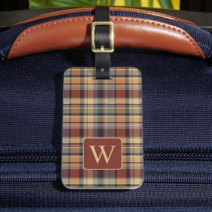 Warm Brown and Cream Plaid Monogram Luggage Tag