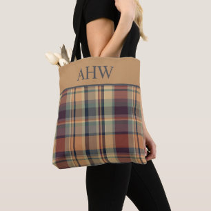 Warm Brown and Cream Plaid Monogram Tote Bag