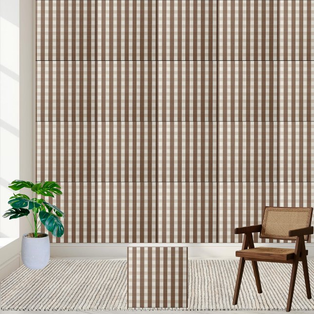 Warm Brown and White Chequered Gingham Pattern  Tile (Warm Brown and White Checkered Gingham Pattern Ceramic Tile)