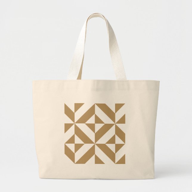 Warm Brown Geometric Deco Cube Pattern Large Tote Bag (Front)