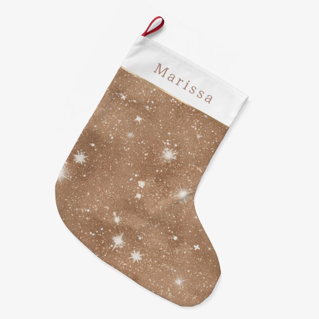 Warm Brown Glitter Sparkle Christmas   Large Christmas Stocking (Front (Hanging))