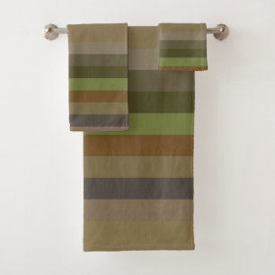 Warm Brown, green & Camel Horizontal Stripes Bath Towel Set