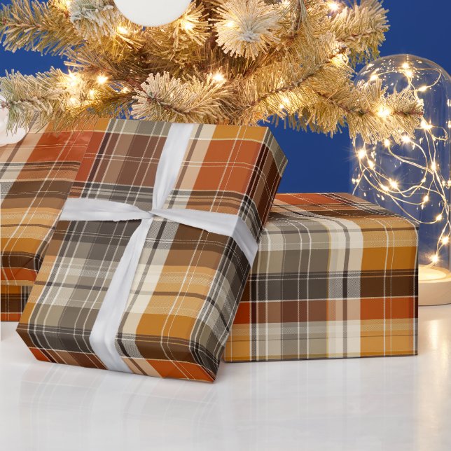 Warm Brown Orange Autumn Grid Maple Plaid Pattern Wrapping Paper (Holidays)