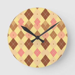 Warm Brown Pink Argyle Pattern Round Clock