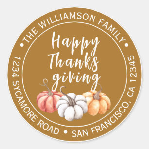 Warm Brown Pumpkin Thanksgiving Return Address Classic Round Sticker