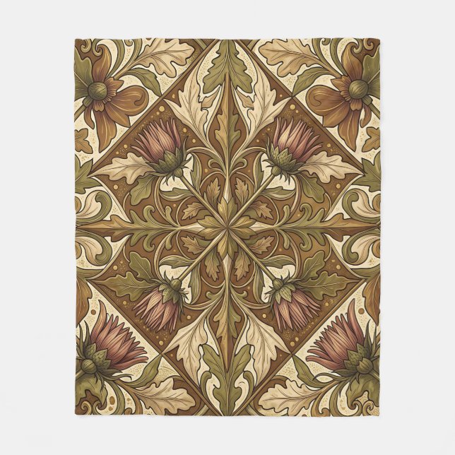 Warm Brown Thistle Floral Pattern Victorian Fleece Blanket (Front)