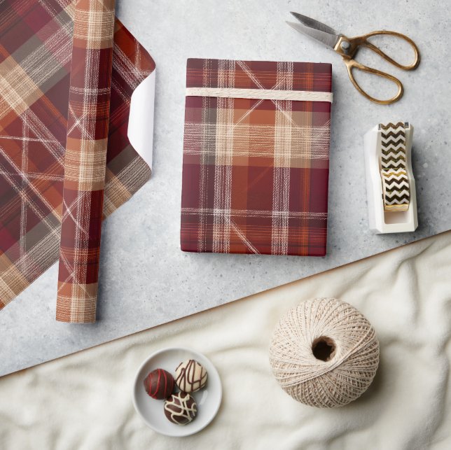 Warm Burgundy Brown Autumn Clay Plaid Pattern Wrapping Paper (Crafts)