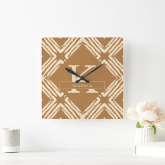 Warm Caramel Brown Geometric Monogram Square Wall Clock
