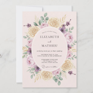 Warm Champagne Lilac Peony Wedding Invitation