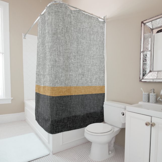 Warm Charcoal Grey Caramel Yellow Stripe Block Shower Curtain (In Situ)