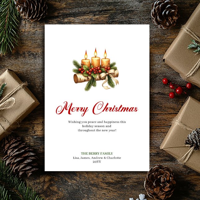 Warm Christmas candles rustic holly greeting Holiday Card (Warm Christmas candles rustic holly greeting)