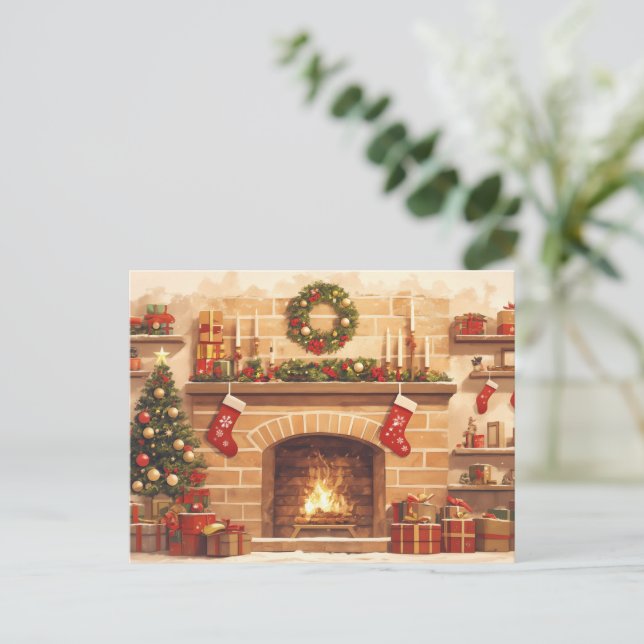 Warm Christmas Fireplace Scene Holiday Postcard (Standing Front)