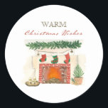 Warm Christmas Wishes Cosy Winter Fireplace Classic Round Sticker<br><div class="desc">Warm Christmas Wishes sticker with warm and cosy winter fireplace decorated with mantelpiece pine garland,  stockings,  candles,  a wrapped gift and potted fir tree.</div>