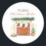 Warm Christmas Wishes Cosy Winter Fireplace Classic Round Sticker<br><div class="desc">Warm Christmas Wishes sticker with warm and cosy winter fireplace decorated with mantelpiece pine garland,  stockings,  candles,  a wrapped gift and potted fir tree.</div>