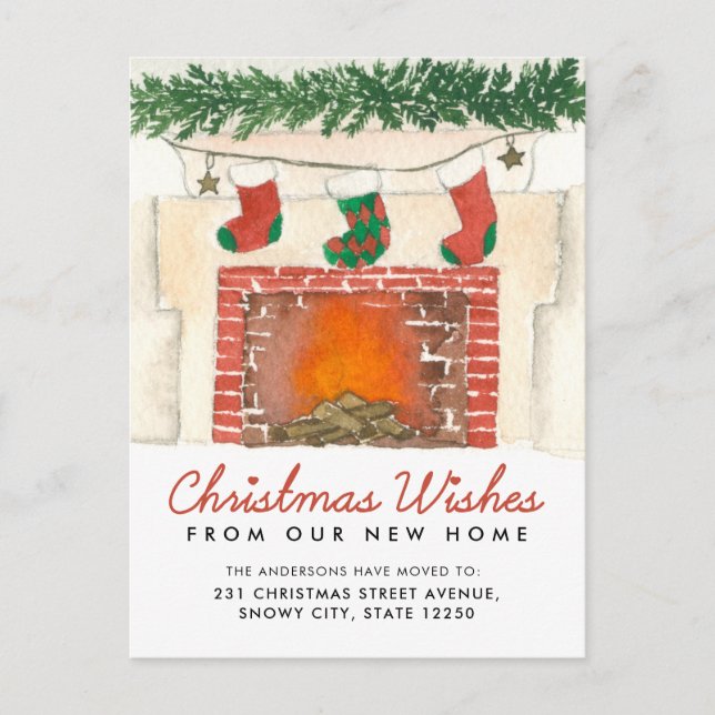 Warm Christmas Wishes Fireplace Holiday Moving Announcement Postcard (Front)