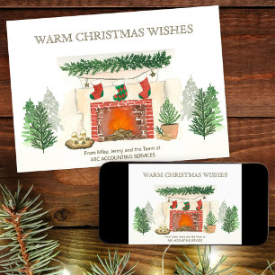 Warm Christmas Wishes Forest and Cosy Fireplace Holiday Card
