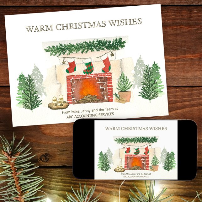 Warm Christmas Wishes Forest and Cosy Fireplace Holiday Card (Cozy Fireplace Christmas Card. Buy professionally printed or as a printable digital download.)