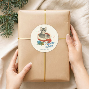 Warm Christmas Wishes Vintage Cat Classic Round Sticker