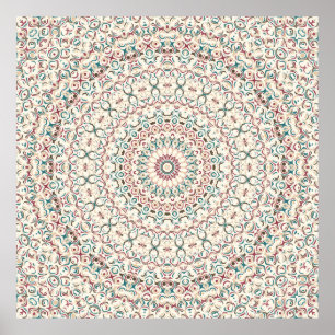 Warm Coastal Mosaic Mandala in Teal and Coral Poster