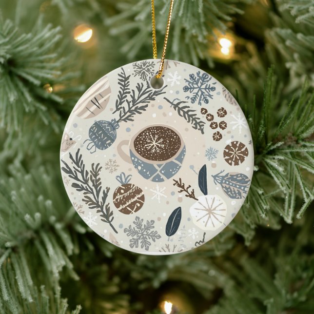 Warm Cocoa & Snowflakes Holiday Design Ceramic Tree Decoration (Tree)