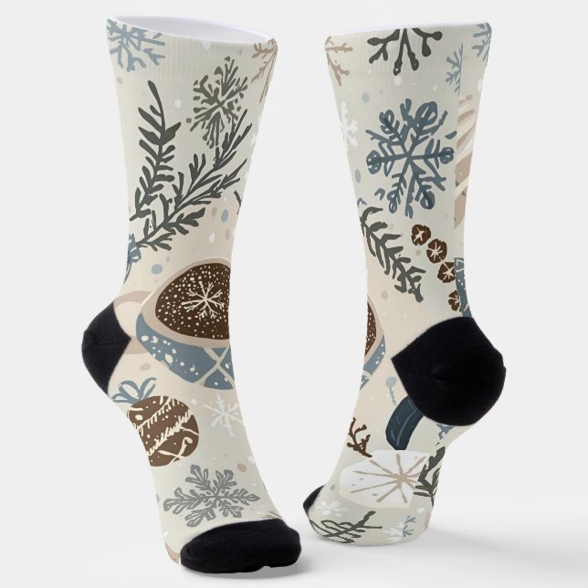 Warm Cocoa & Snowflakes Holiday Design Socks (Angled)