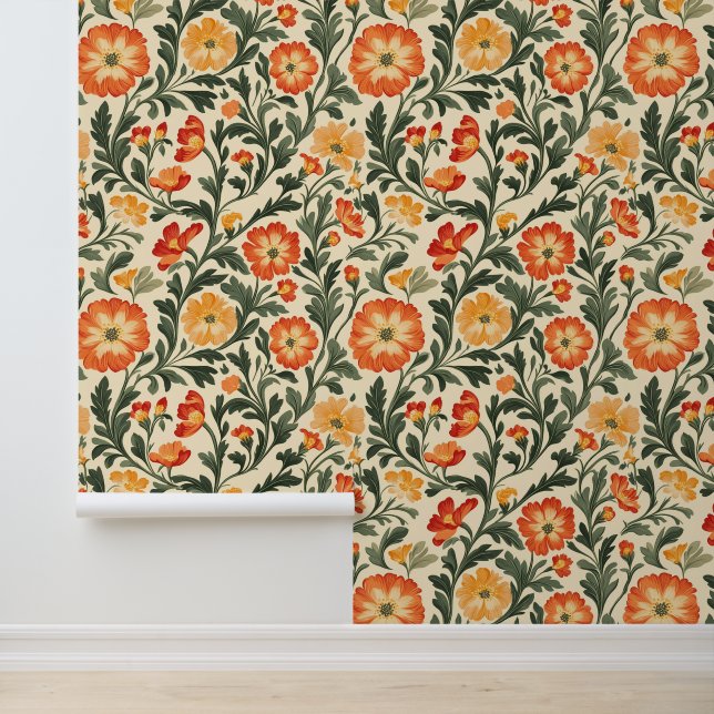 Warm Coloured Ornate Florals Wallpaper (Application)