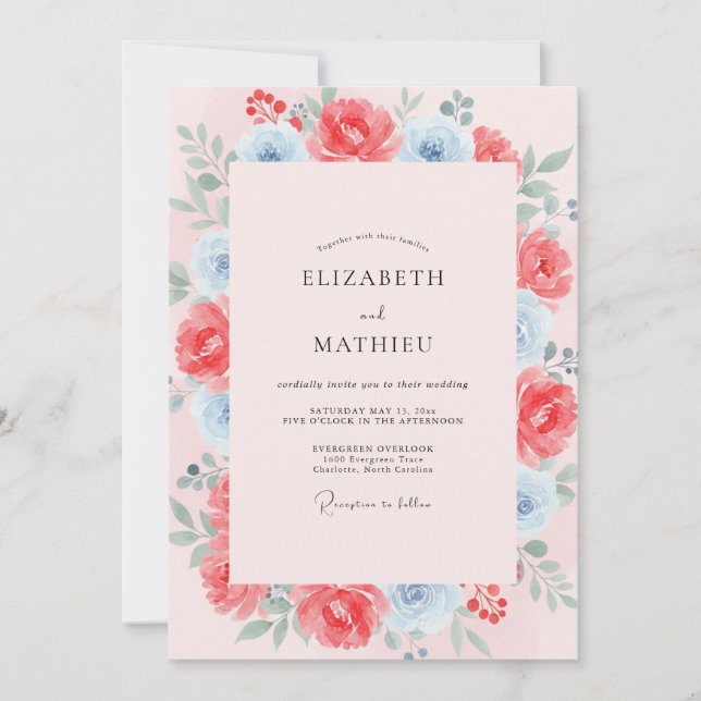Warm Coral Azure Painted Wedding Invitation (Front)