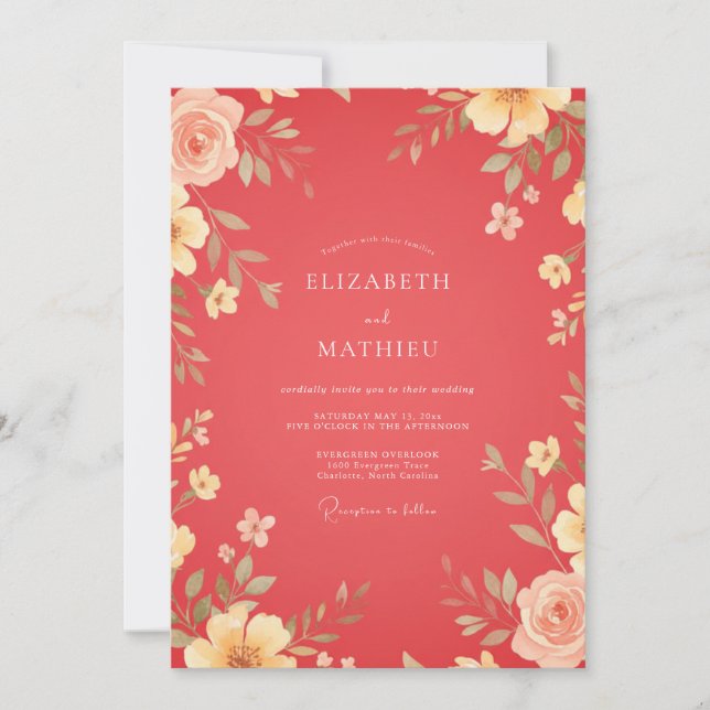 Warm Coral Leafy Wedding Invitation (Front)