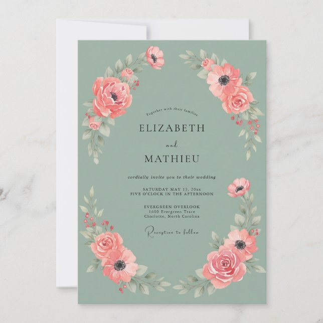 Warm Coral Peony Mint Wedding Invitation (Front)