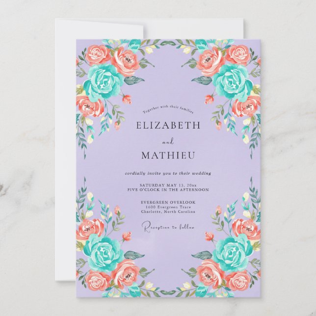 Warm Coral Turquoise Peony Wedding Invitation (Front)