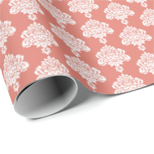 Warm Coral White Damask Wrapping Paper