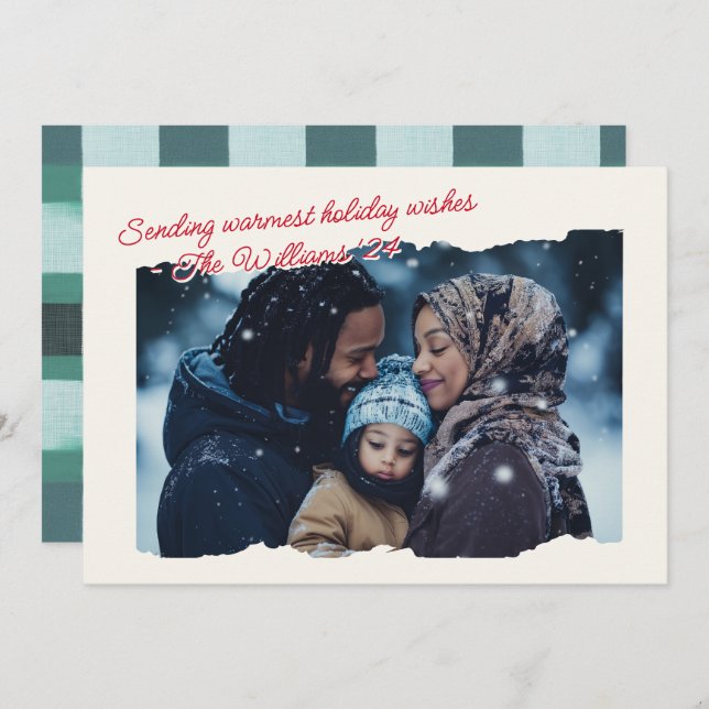 Warm Cosy Plaid Modern Photo Script  Holiday Card (Front/Back)