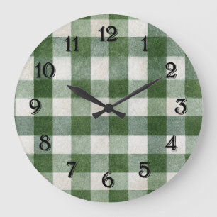 Warm Country Green Cream Plaid Stripes Large Clock