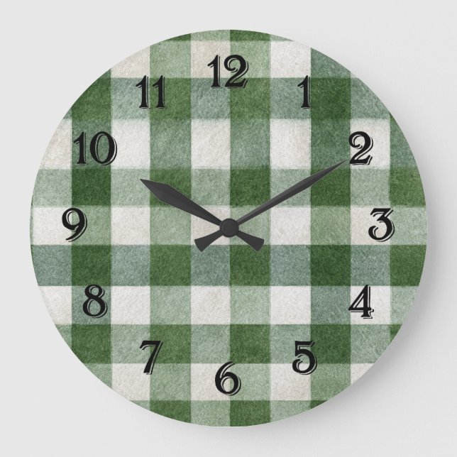 Warm Country Green Cream Plaid Stripes Large Clock (Front)