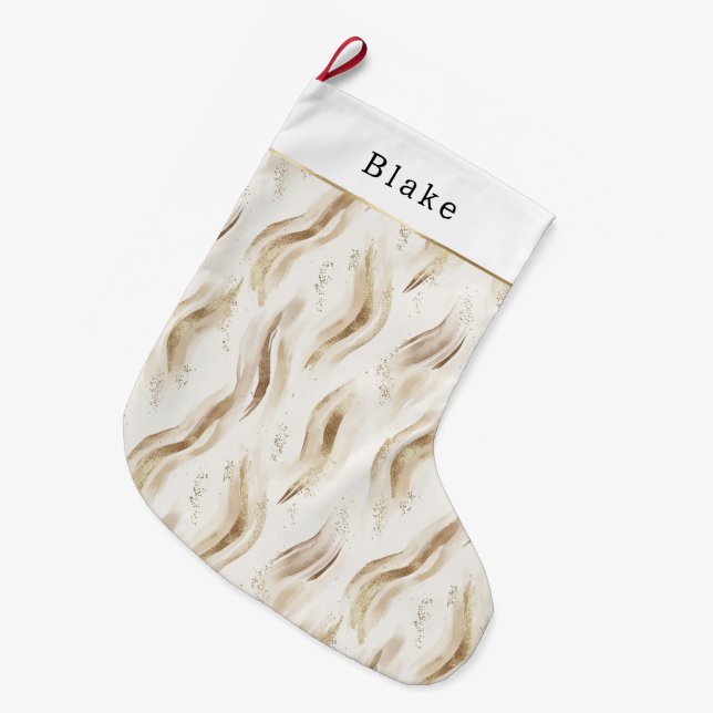 Warm Cream Gold Abstract Streaks Large Christmas Stocking (Front (Hanging))