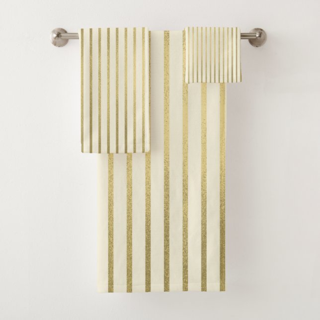 Warm Cream Gold Stripes Minimal Chic Pattern Bath Towel Set (Insitu)