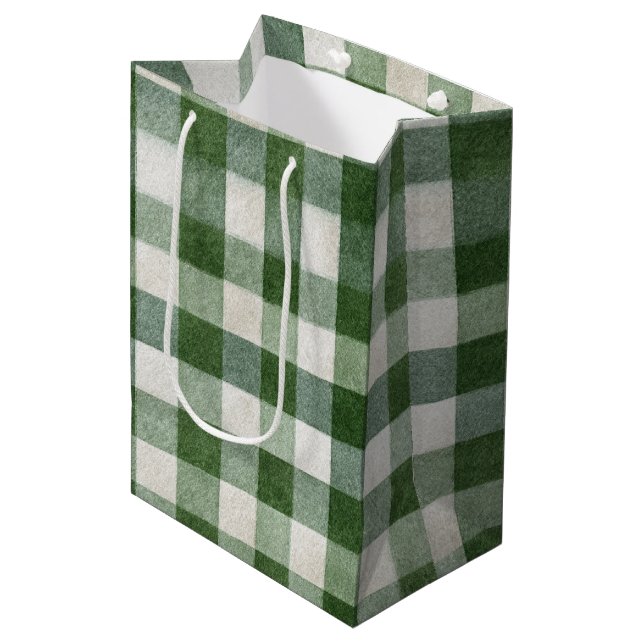 Warm Cream Green Plaid Stripes Christmas Medium Gift Bag (Front Angled)