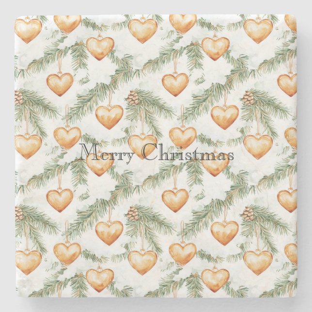 Warm Creamy Caramel Hearts Christmas Tree Branches Stone Coaster (Front)