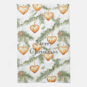 Warm Creamy Caramel Hearts Christmas Tree Branches Tea Towel