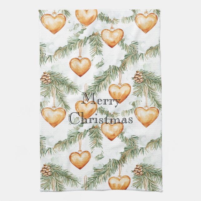 Warm Creamy Caramel Hearts Christmas Tree Branches Tea Towel (Vertical)
