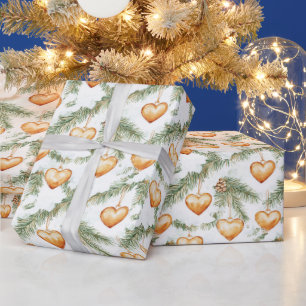 Warm Creamy Caramel Hearts Christmas Tree Branches Wrapping Paper
