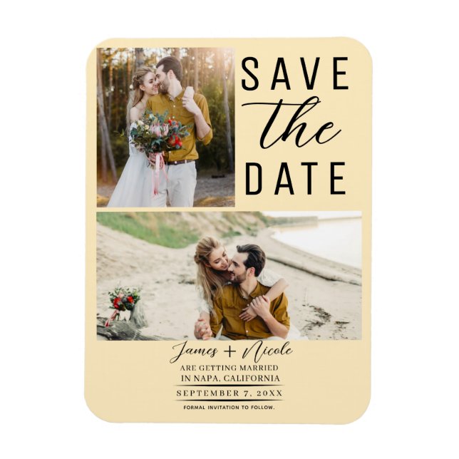 Warm Custard Modern 2 Photos Save the Date Wedding Magnet (Vertical)