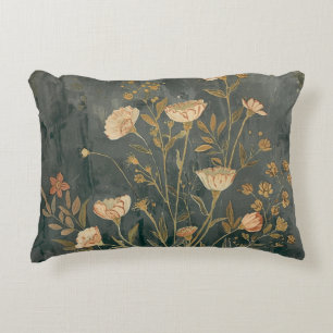 Warm Dark Gray Peach Sage Vintage Wildflower Decorative Cushion
