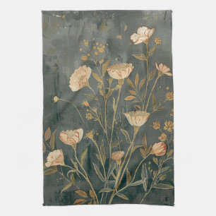 Warm Dark Grey Peach Sage Vintage Wildflower Tea Towel