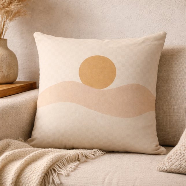 Warm Desert Glow Throw Pillow (Beige and taupe desert sun art for a grounded neutral living room.)
