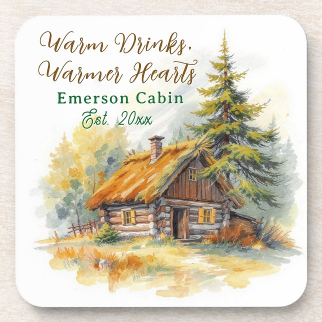Warm Drinks, Warmer Hearts, Log Cabin Personalized Coaster (Front)