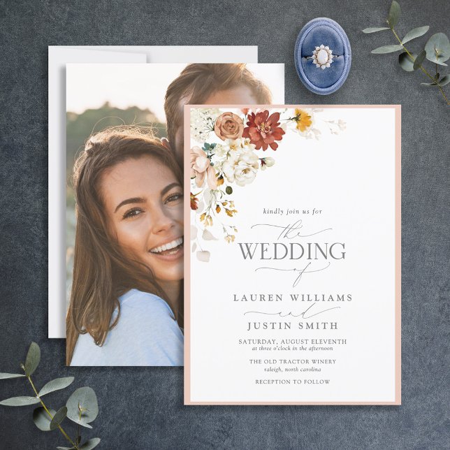 Warm Earthy Floral Calligraphy Photo Wedding Invitation (Creator Uploaded)