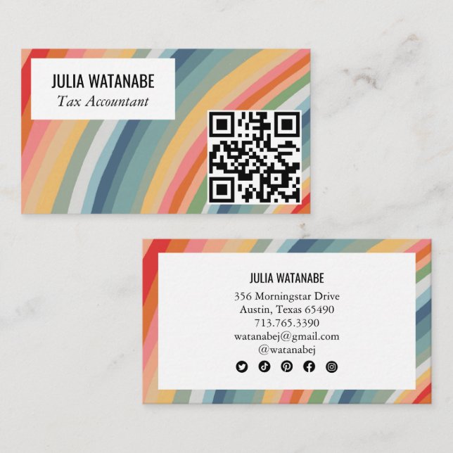 Warm Earthy Rainbow Minimalist Stripes QR Code  Business Card (Front/Back)